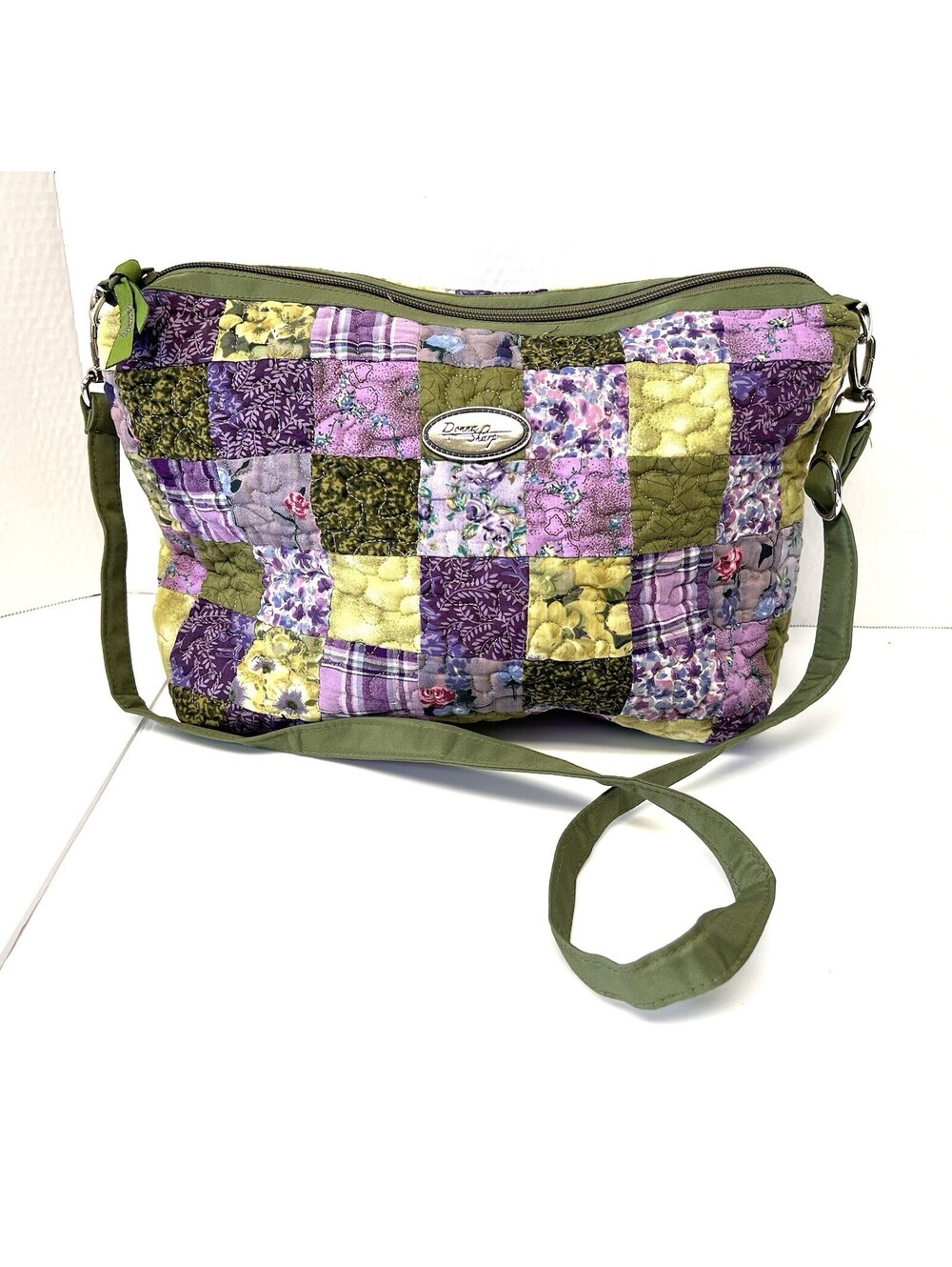 Donna Sharp Shoulder Bag Satchel Green Yellow Purple Quilted Floral Patchwork